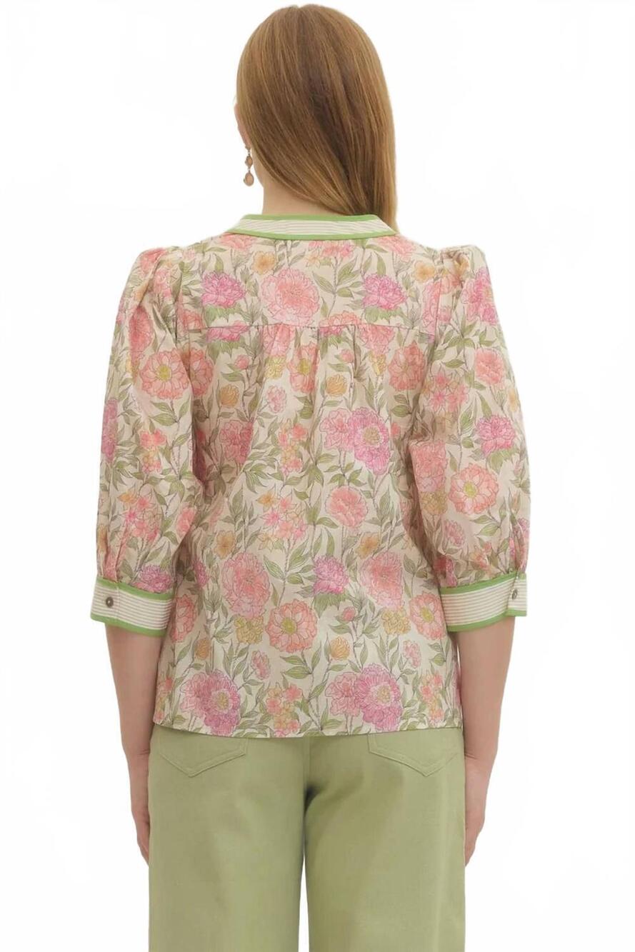 NEW ENTRO v-neck floral blouse in pink/ecru - Picture 3 of 4